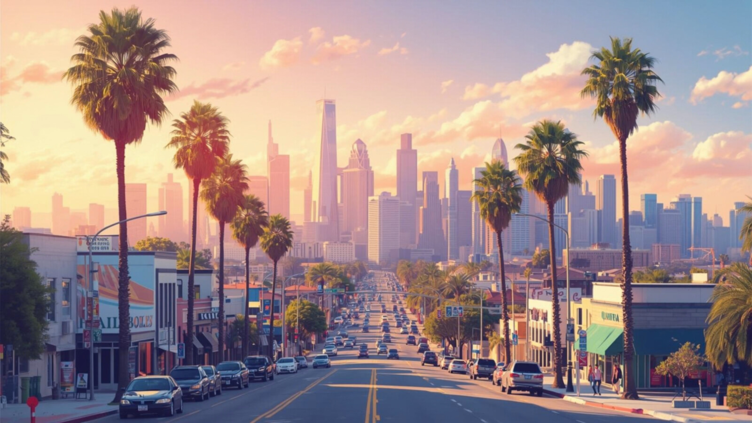 A Southern California boulevard lined with palm trees looking toward the downtown Los Angeles skyline at sunset